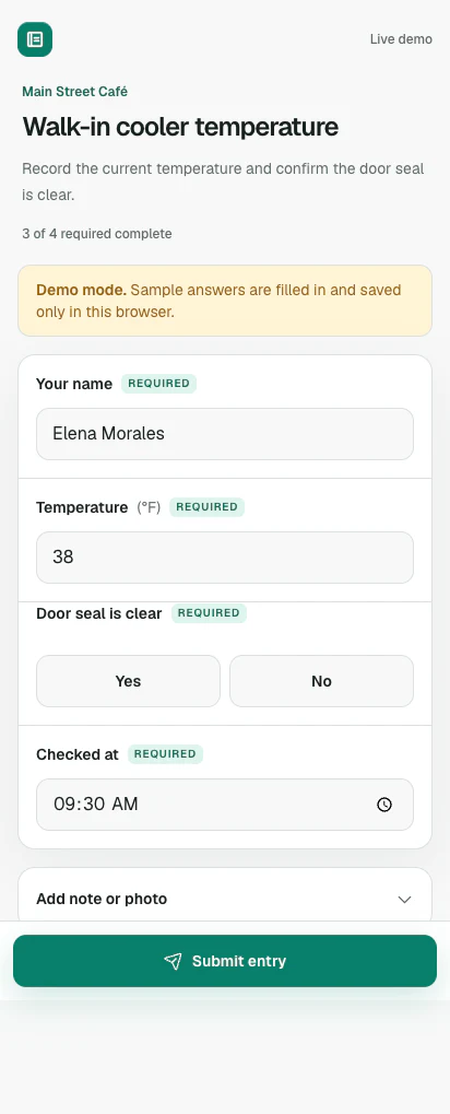 The mobile LoggedAt entry page with common fields already completed