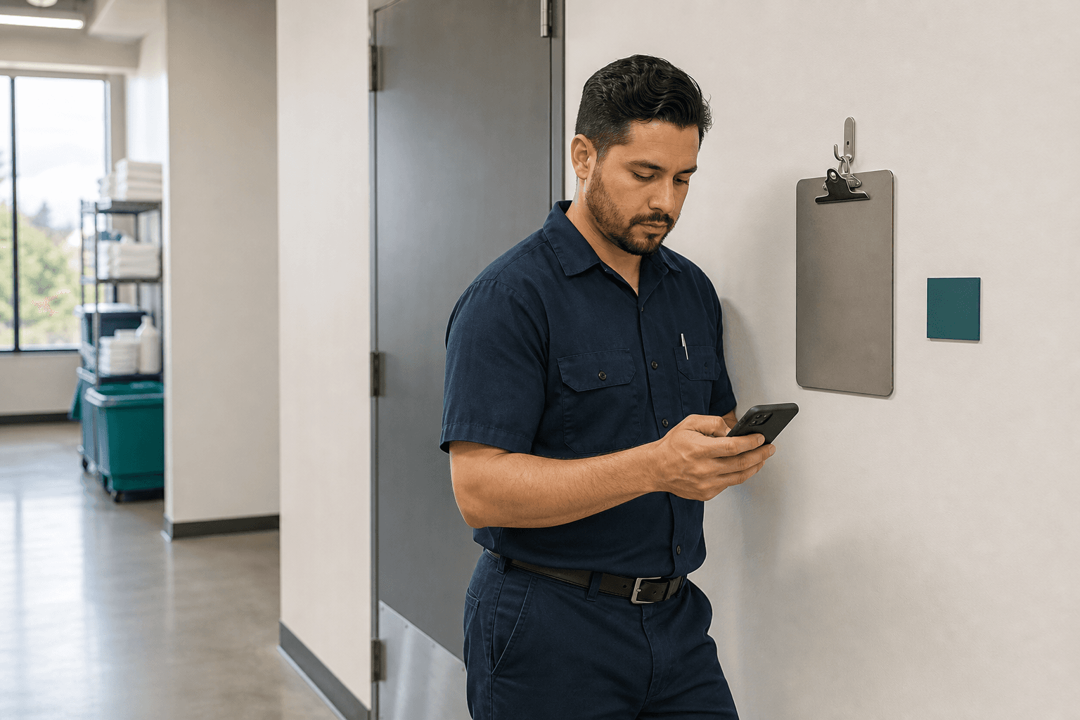 A worker using a phone beside a wall-mounted clipboard station